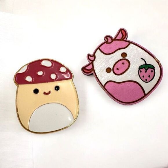 Squishmallows Enamel Pin Malcolm the Mushroom& Wooden Ulga Moo - Picture 1 of 10